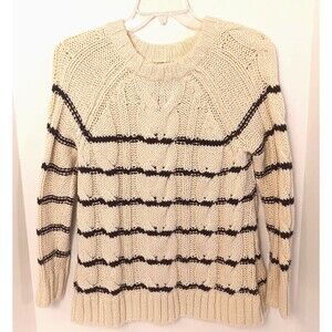 J Jill Cable Knit Sweater Wn XS Cream Striped Chunky Fisherman Preppy Old Money